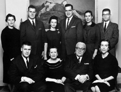 Laurence and Eva with their children and spouses, top
 l. to r.:  Rosemary and Larry ; Karen and Lou ; Patricia and Tim Fieweger. Bottom row: John ;  Eva & Laurence 		Sr.; and Catherine , Christmas 1958.
