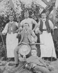 Five of the six sons of  Gregoire Dontenvill and Madeleine Freppel. Taken at a gathering on the grounds of the family resturant and bakery in Breittenbach in 1897..In front Albert; middle, Louis Auguste: standing, three of the four older brothers  who were Eugene, Joseph Constantin, Celeste, and Nicolas.